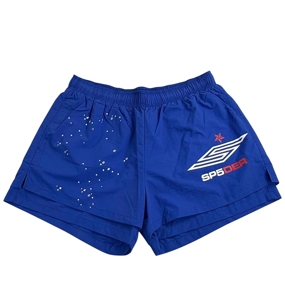 Sp5der Worldwide Royal Blue Star Logo Nylon Track Shorts Streetwear Mens